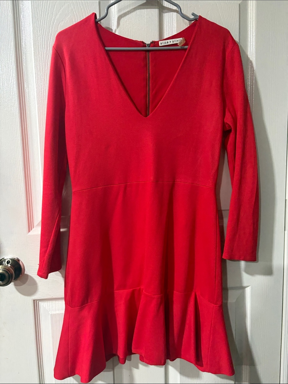 Alice + Olivia Bright Red V-Neck Long Sleeve Dress